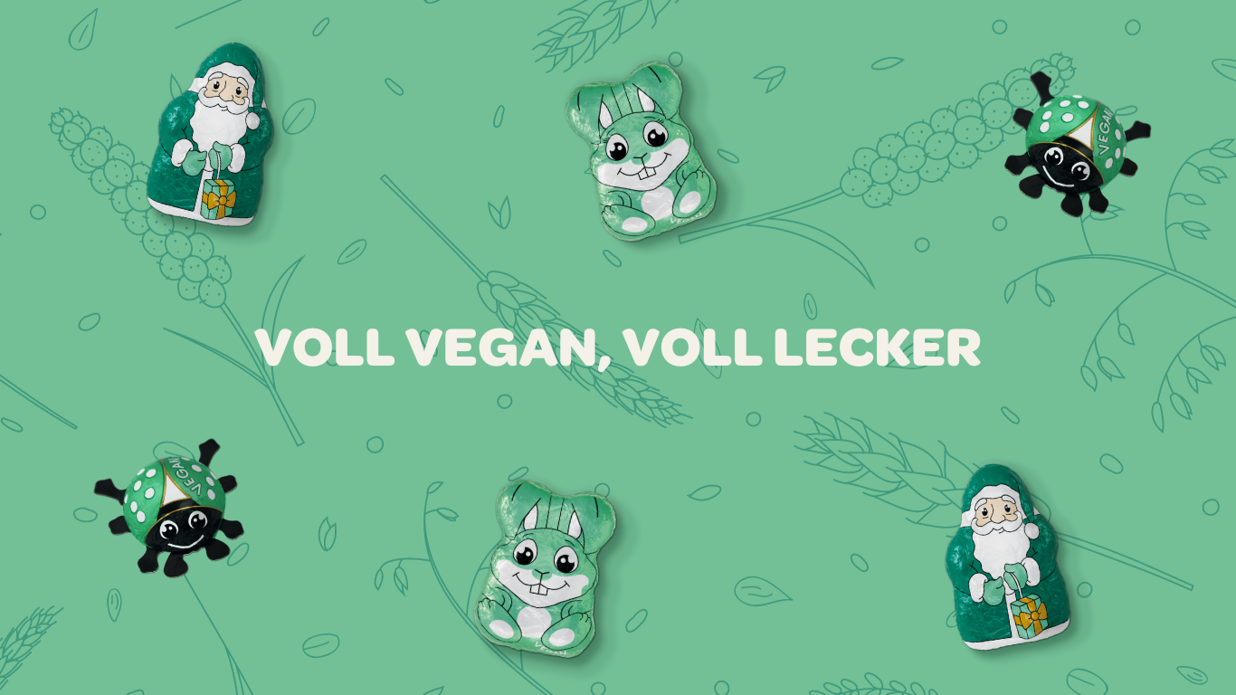 Vegane Schokoladenkuvertüre als Glückskäfer, Mini Häschen und Mini Santa