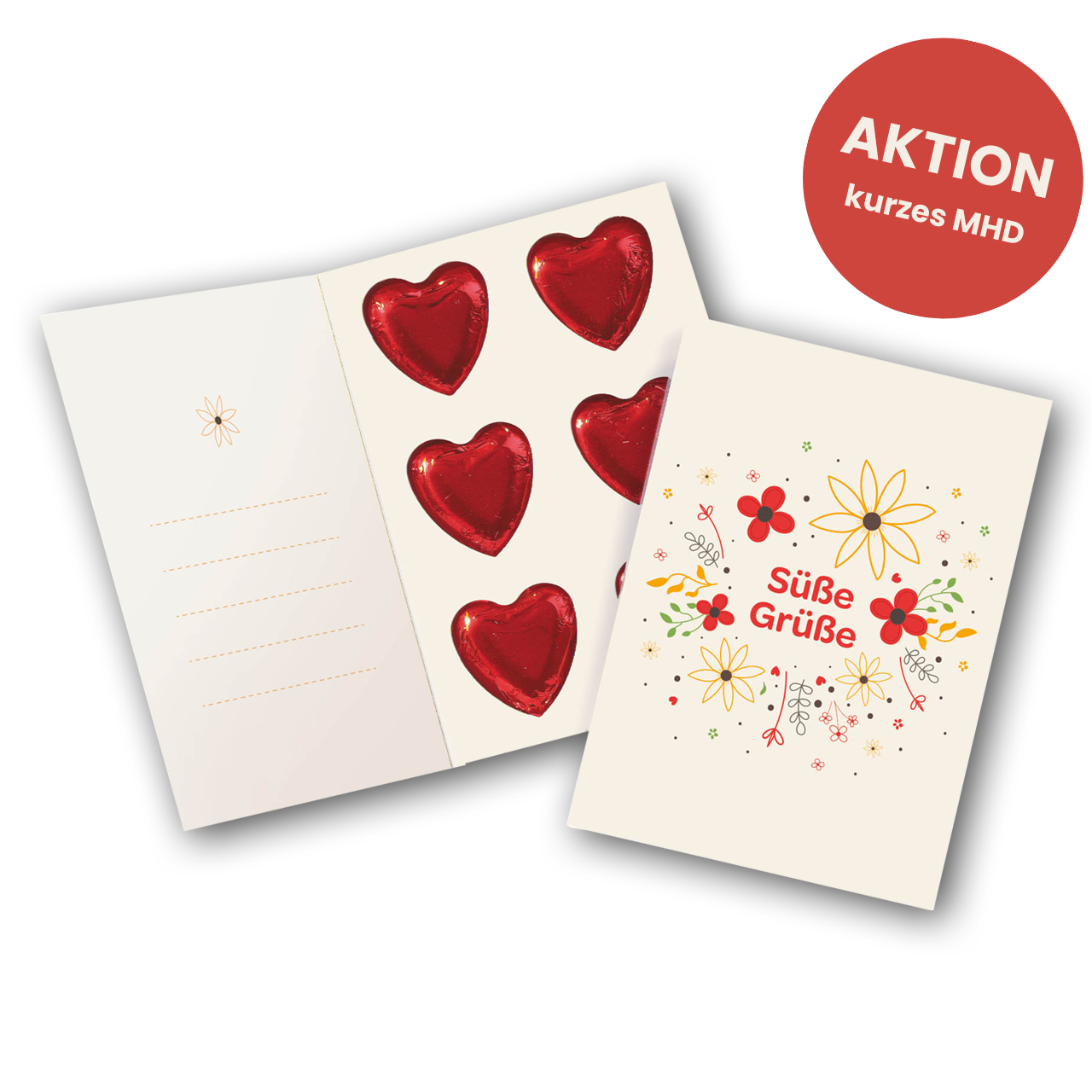 Grußkarte Süße Grüße, mit 6 Herzen x 9g – kurzes MHD