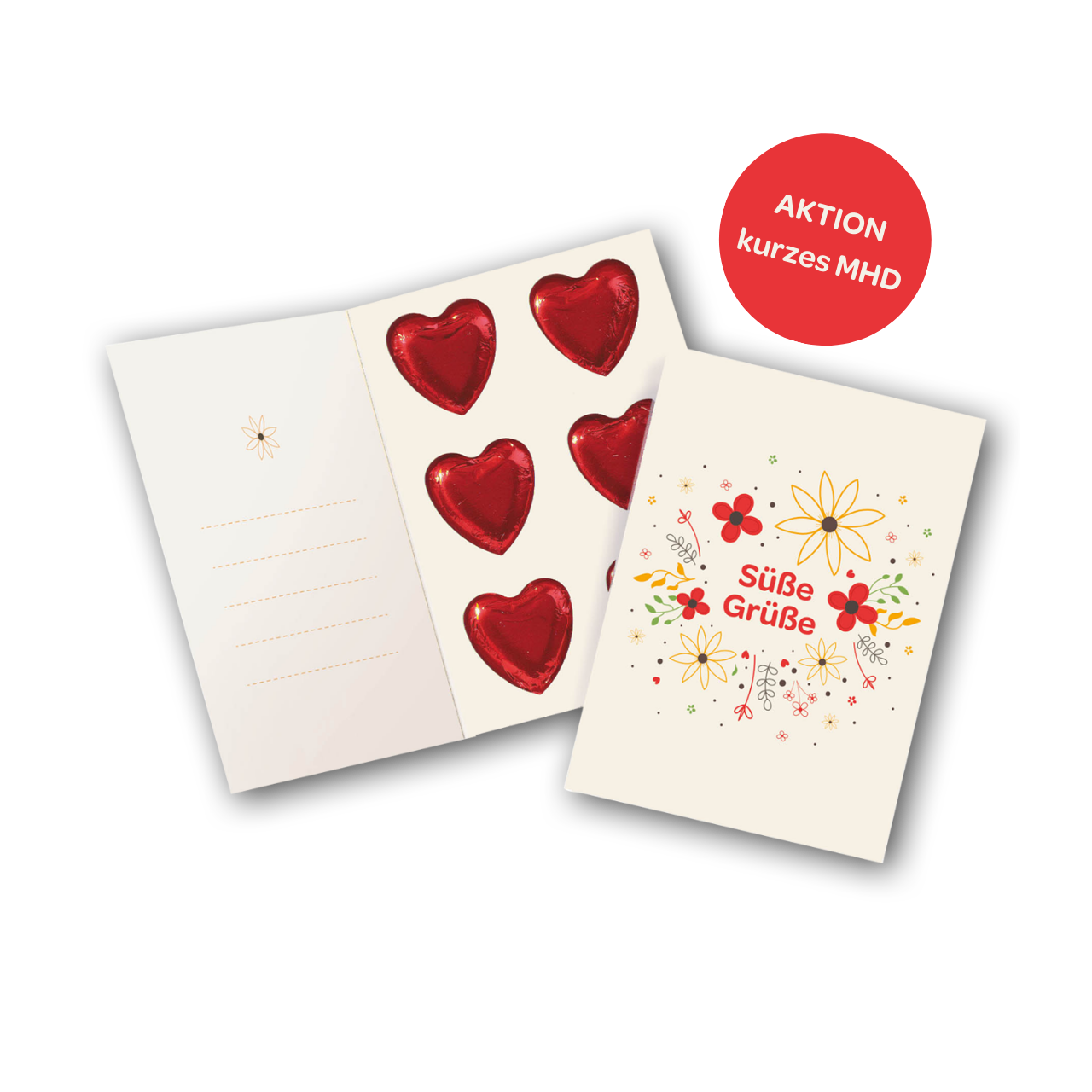 Grußkarte Süße Grüße, mit 6 Herzen x 9g – kurzes MHD